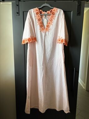 Fanm Mon Defne Striped White and Orange Embroidered Caftan